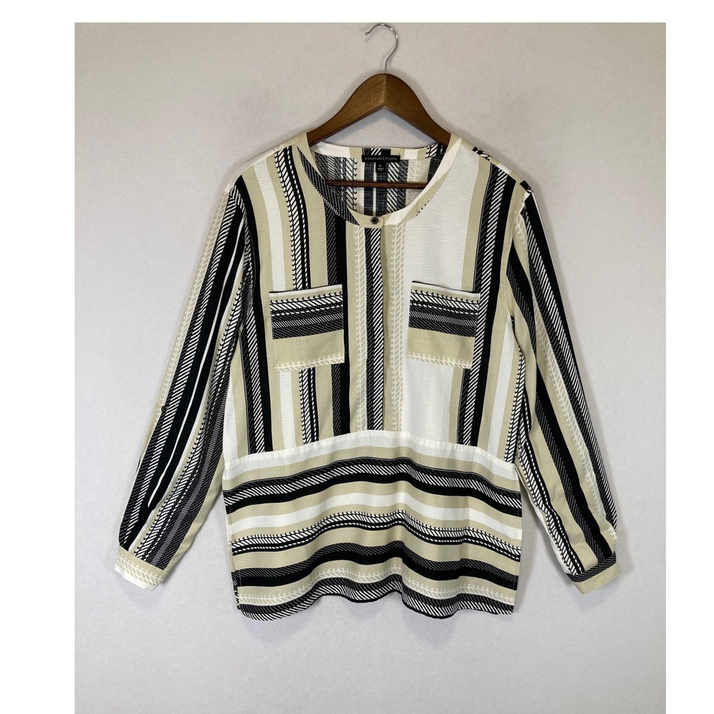 Boho Chic Signature Studio Women XL Tan Black Striped Roll Tab Sleeve‎ Blouse